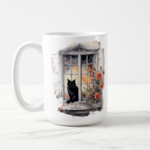 BEAUTIFUL WATERCOLOR BLACK CAT SITTING IN WINDOW COFFEE MUG