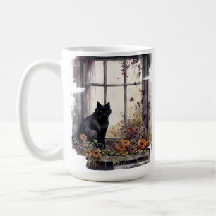 BEAUTIFUL WATERCOLOR BLACK CAT SITTING IN WINDOW COFFEE MUG
