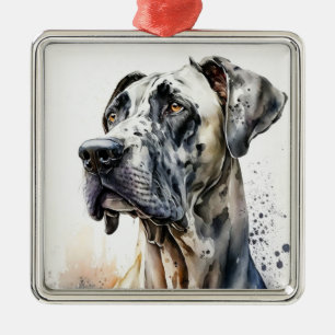 BEAUTIFUL WATERCOLOR BLACK & WHITE GREAT DANE DOG METAL ORNAMENT