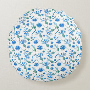 Beautiful Watercolor Blue cornflowers Round Cushion