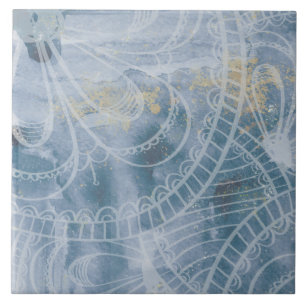 Beautiful watercolor blue grey and artistic ink ceramic tile