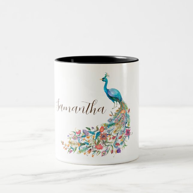 Beautiful watercolor blue peacock I Two-Tone Coffee Mug (Center)