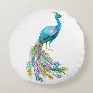 Beautiful watercolor blue peacock illustration round cushion