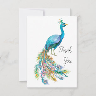 Beautiful watercolor blue peacock illustration thank you card
