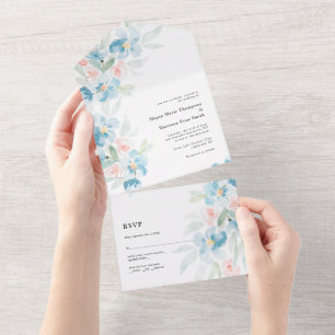 Beautiful watercolor blush roses and blue flowers  all in one invitation