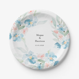 Beautiful watercolor blush roses and blue flowers  paper plate