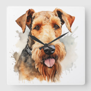 BEAUTIFUL WATERCOLOR BROWN AIREDALE TERRIER DOG SQUARE WALL CLOCK