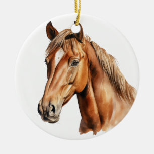 BEAUTIFUL WATERCOLOR BROWN HORSES FACE CERAMIC ORNAMENT