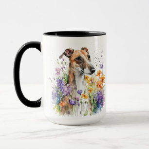 BEAUTIFUL WATERCOLOR BROWN WHITE WHIPPET FACE MUG