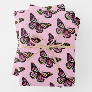 Beautiful Watercolor Butterflies Pattern Soft Pink Wrapping Paper Sheet