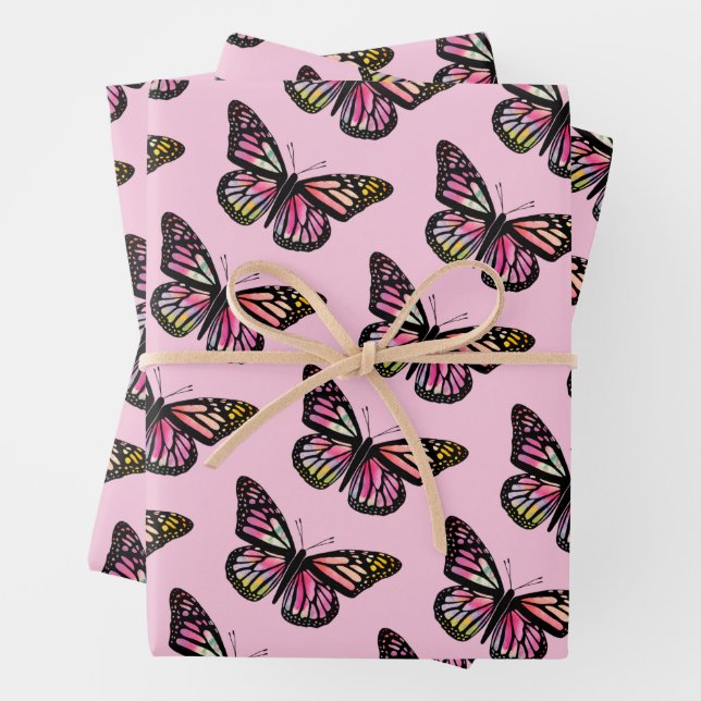 Beautiful Watercolor Butterflies Pattern Soft Pink Wrapping Paper Sheet (In situ)