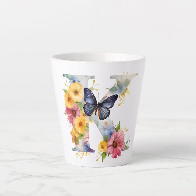 Beautiful Watercolor Butterfly Monogram Latte Mug (Front)
