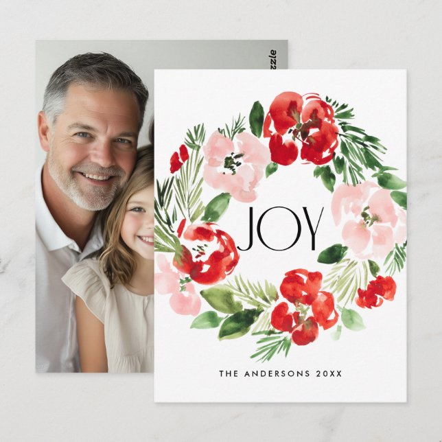 Beautiful Watercolor Christmas wreath Joy  Postcard (Front/Back)