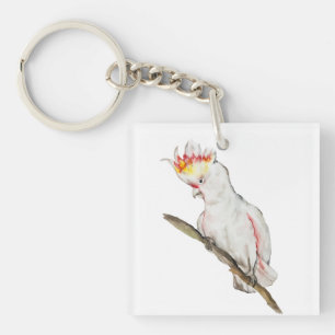 Beautiful watercolor cockatoo parrot hand drawing key ring