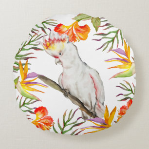 Beautiful watercolor cockatoo parrot hand drawing round cushion