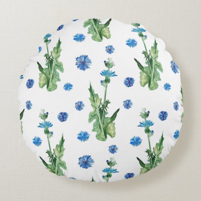 Beautiful watercolor cornflowers pattern round cushion (Front)