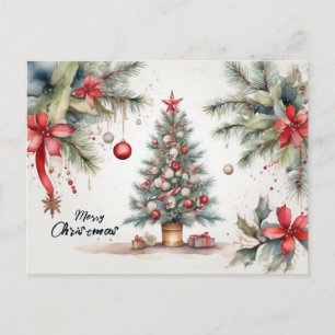 Beautiful Watercolor Decorated Christmas Tree Holiday Postcard