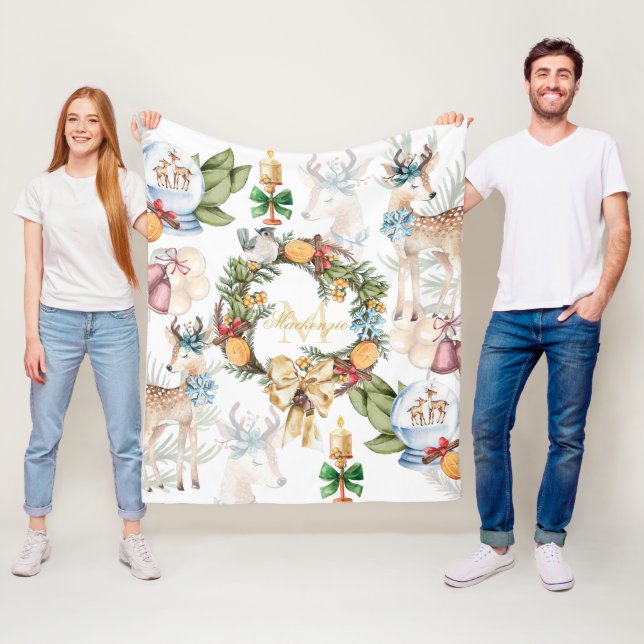 Beautiful Watercolor Deer Christmas Monogrammed Fleece Blanket (In Situ)