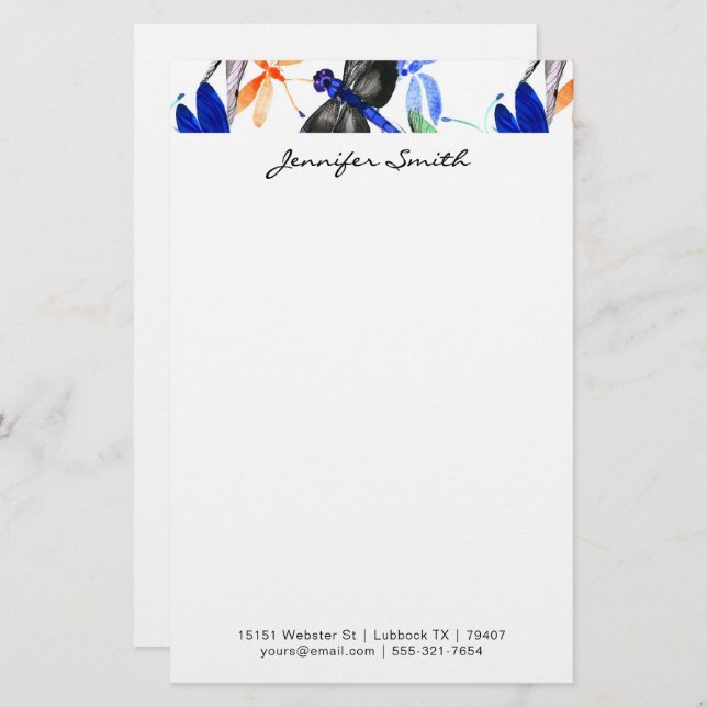 Beautiful Watercolor Dragonfly Pattern Border Stationery (Front/Back)