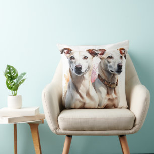 BEAUTIFUL WATERCOLOR FAWN & WHITE GREYHOUND DOGS CUSHION