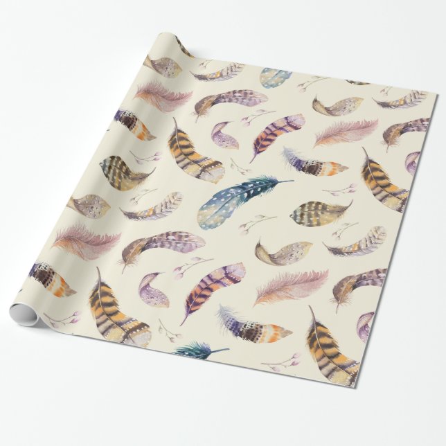 Beautiful Watercolor Feathers Pattern Wrapping Paper (Unrolled)