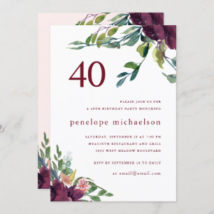 Beautiful Watercolor Floral 40th Birthday Invitation