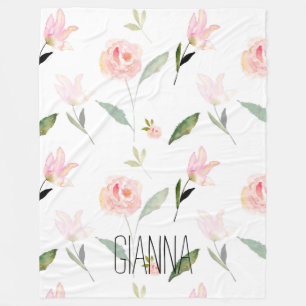 Beautiful Watercolor Floral Blush Pink Fleece Blanket