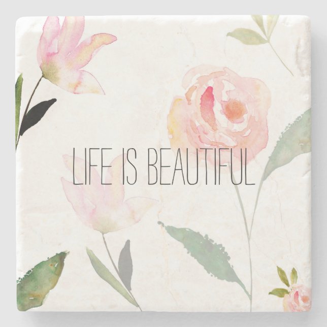 Beautiful Watercolor Floral Blush Pink Stone Coaster (Front)
