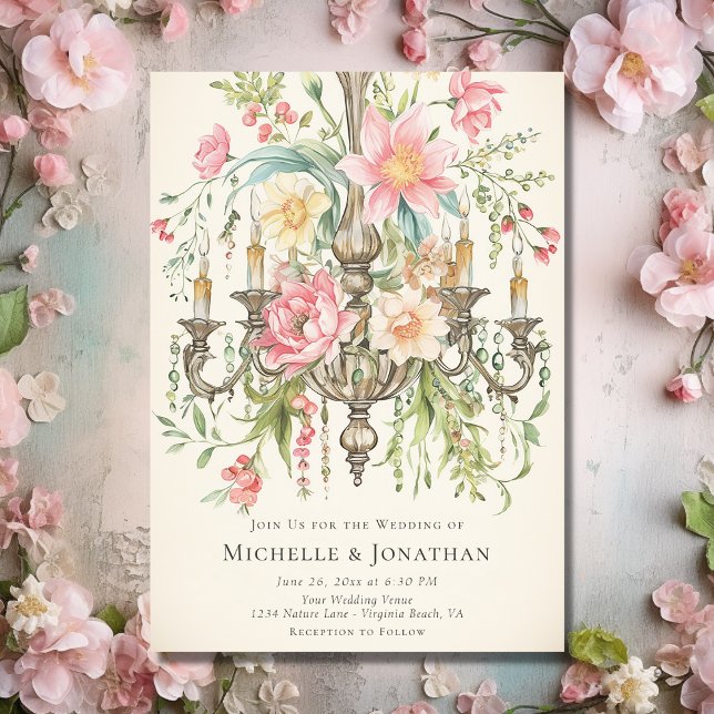 Beautiful Watercolor Floral Chandelier Wedding  Invitation (Front - Beautiful Watercolor Floral Chandelier Wedding Invitation)
