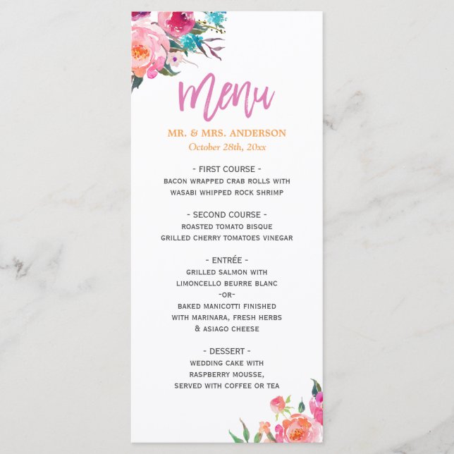 Beautiful Watercolor Floral Modern Wedding Menu (Front)