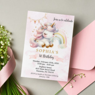 Beautiful Watercolor Floral Unicorn Birthday Invitation