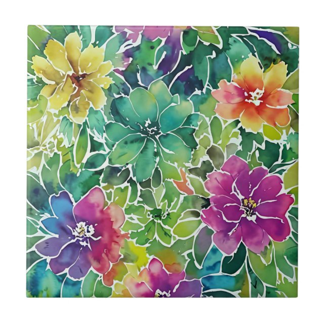 Beautiful Watercolor Flower Pattern Ceramic Tile (Front)