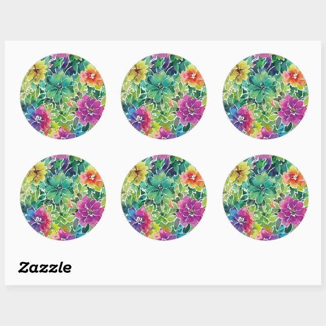 Beautiful Watercolor Flower Pattern Classic Round Sticker (Sheet)