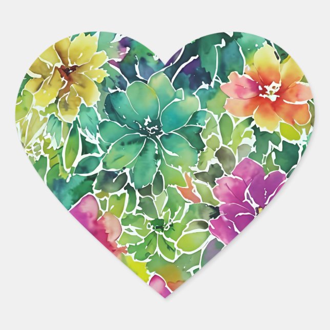 Beautiful Watercolor Flower Pattern Heart Sticker (Front)