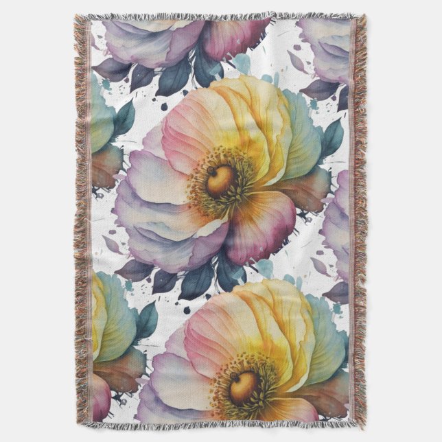 Beautiful Watercolor Flower Throw Blanket (Front Vertical)