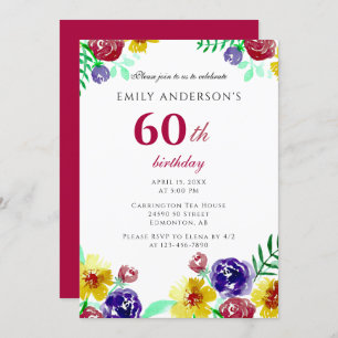Beautiful Watercolor Flowers 60th Birthday Woman Invitation