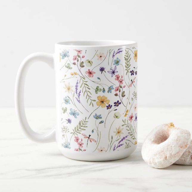 Beautiful Watercolor Flowers and Butterflies  Coffee Mug (With Donut)