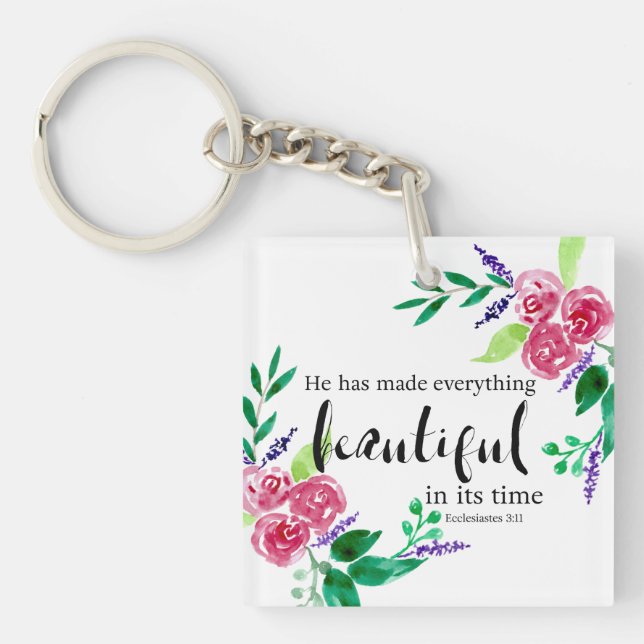 Beautiful watercolor flowers Bible quote lettering Key Ring (Front)