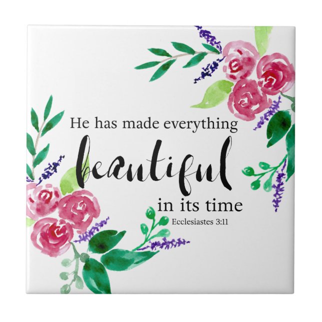 Beautiful Watercolor Flowers Bible Verse Chic Ceramic Tile (Front)