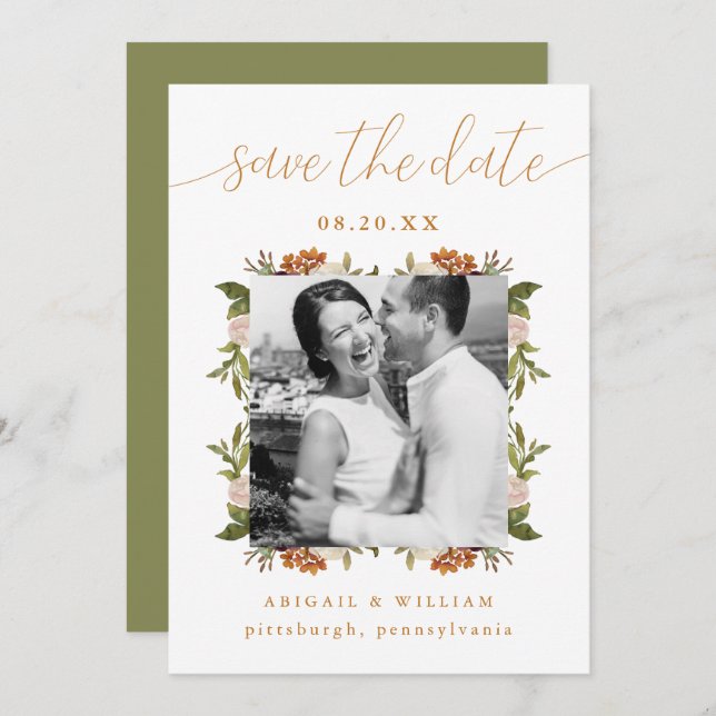 Beautiful Watercolor Frame Photo Green Wedding Save The Date (Front/Back)