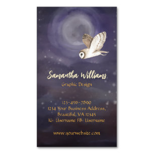 Beautiful Watercolor Full Moon and Owl Magnetic Business Card