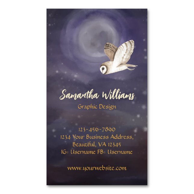 Beautiful Watercolor Full Moon and Owl Magnetic Business Card (Front Vertical)