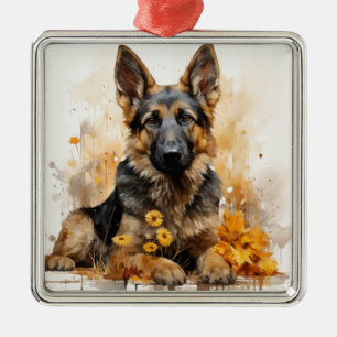 BEAUTIFUL WATERCOLOR GERMAN SHEPHERD PUPPY DOG METAL ORNAMENT
