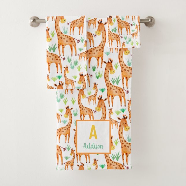 Beautiful Watercolor Giraffe Animal Personalised Bath Towel Set (Insitu)