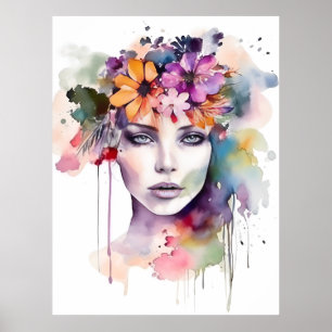 Beautiful Watercolor Girl with Flowers in Her Hair Poster