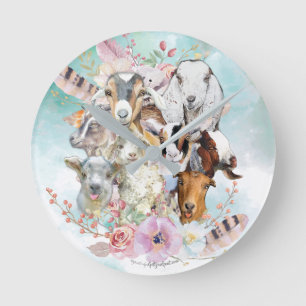 Beautiful Watercolor GOAT Collage   by GetYerGoat™ Round Clock
