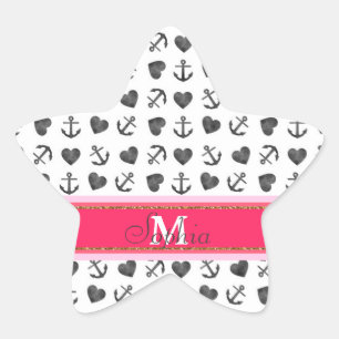 Beautiful watercolor hearts anchors pattern star sticker