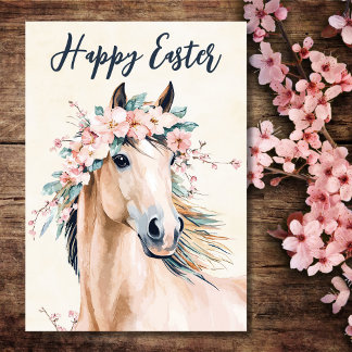 Beautiful Watercolor Horse Floral Easter Holiday Card