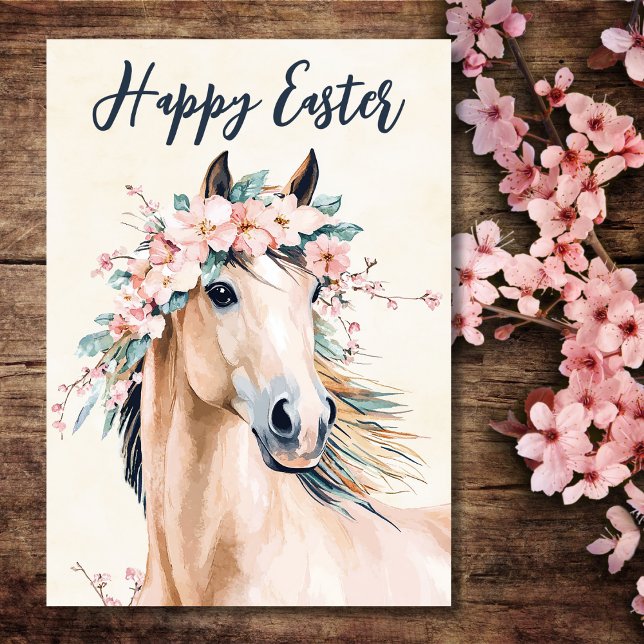 Beautiful Watercolor Horse Floral Easter Holiday Card (Horse - Beautiful Watercolor Horse Floral Easter Card)