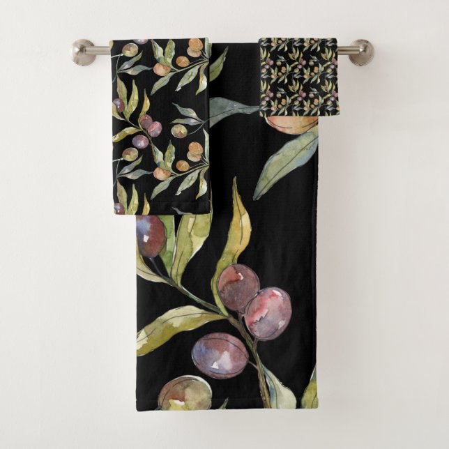 Beautiful Watercolor Italian Olives Pattern Black Bath Towel Set (Insitu)